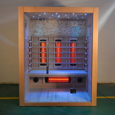2100W Indoor Kayu Solid Hemlock Sauna Inframerah Cedar Merah 3 Orang Sauna Inframerah Jauh Kering