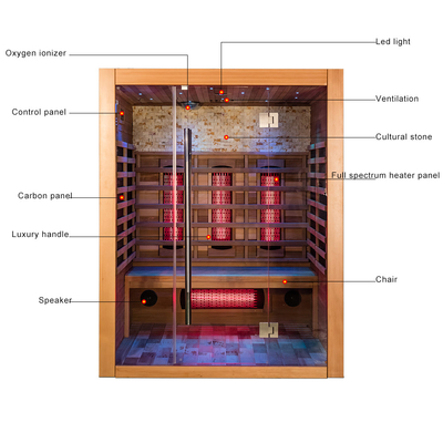 2100W Indoor Kayu Solid Hemlock Sauna Inframerah Cedar Merah 3 Orang Sauna Inframerah Jauh Kering