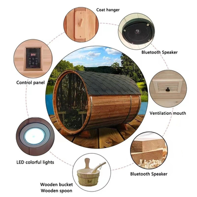 Pemandangan Panoramik Kayu Padat Di Luar Barel Uap Sauna Pemanasan Cepat