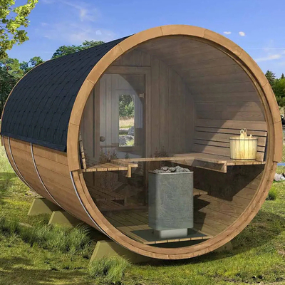 Pemandangan Panoramik Kayu Padat Di Luar Barel Uap Sauna Pemanasan Cepat