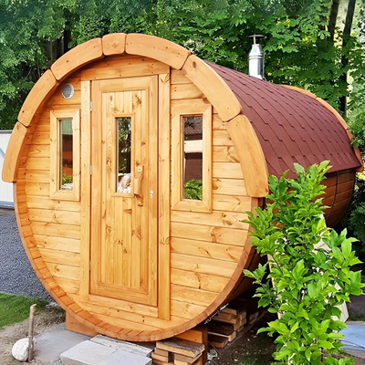 Sauna Luar Ruang Kayu Kayu Barel Kompor Bakar Kayu Sauna Uap Kering Untuk 6 Orang