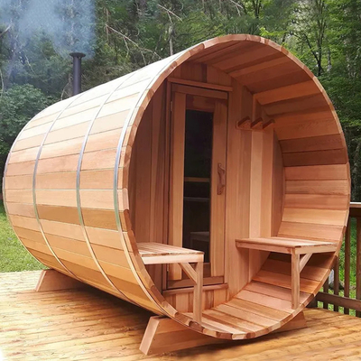 Kayu Outdoor Canadian Red Cedar Steam Barrel Sauna Dengan Kompor Pemanas