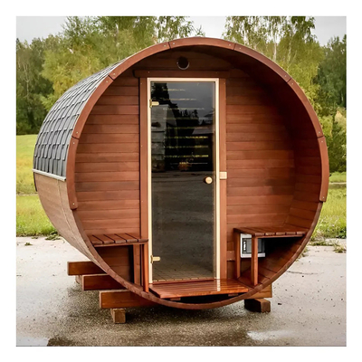Kayu Outdoor Canadian Red Cedar Steam Barrel Sauna Dengan Kompor Pemanas